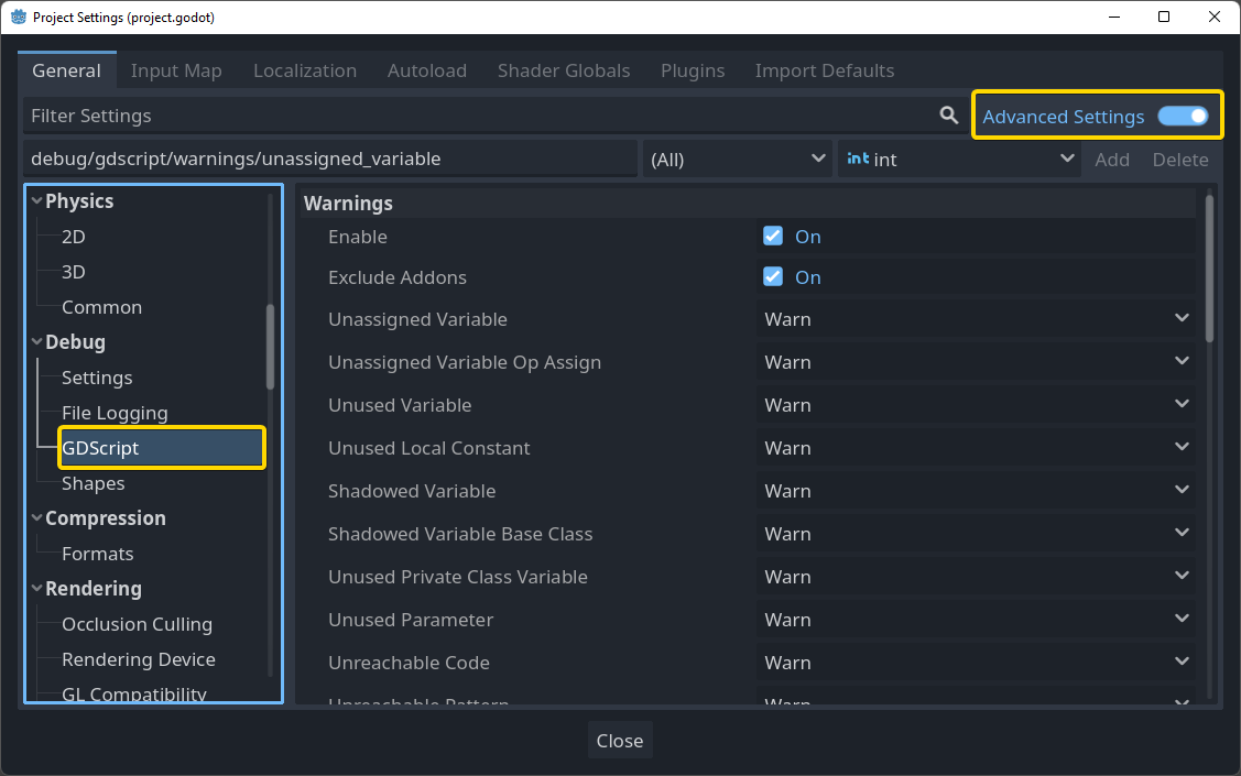 Warning system project settings