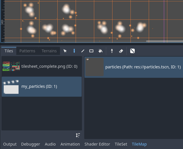 Placing a scene tile containing particles using the TileMap editor