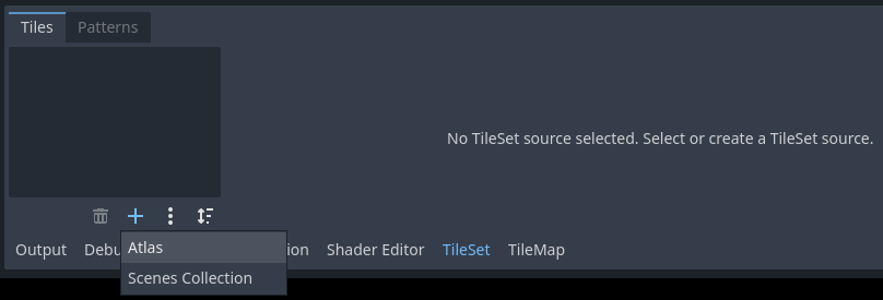 Creating a new atlas in a TileSet resource using the bottom panel